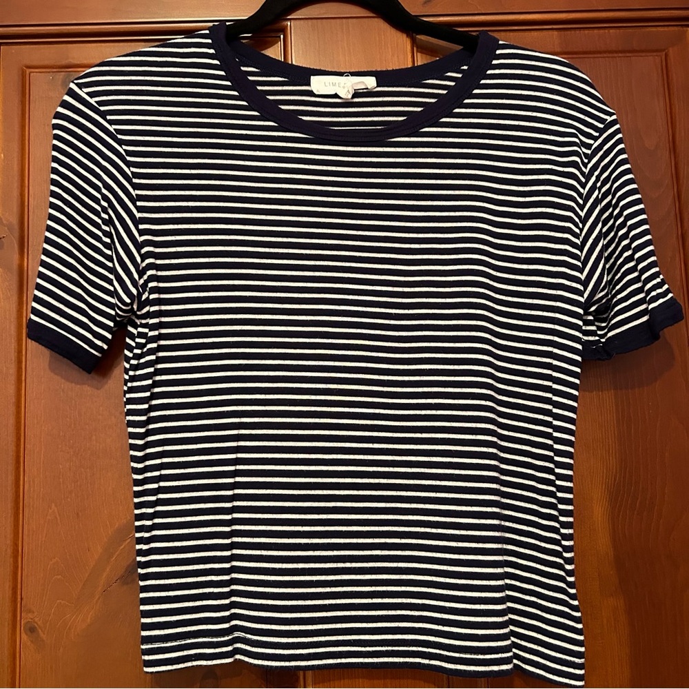 Lime Blue Navy Blue and White Striped T Shirt